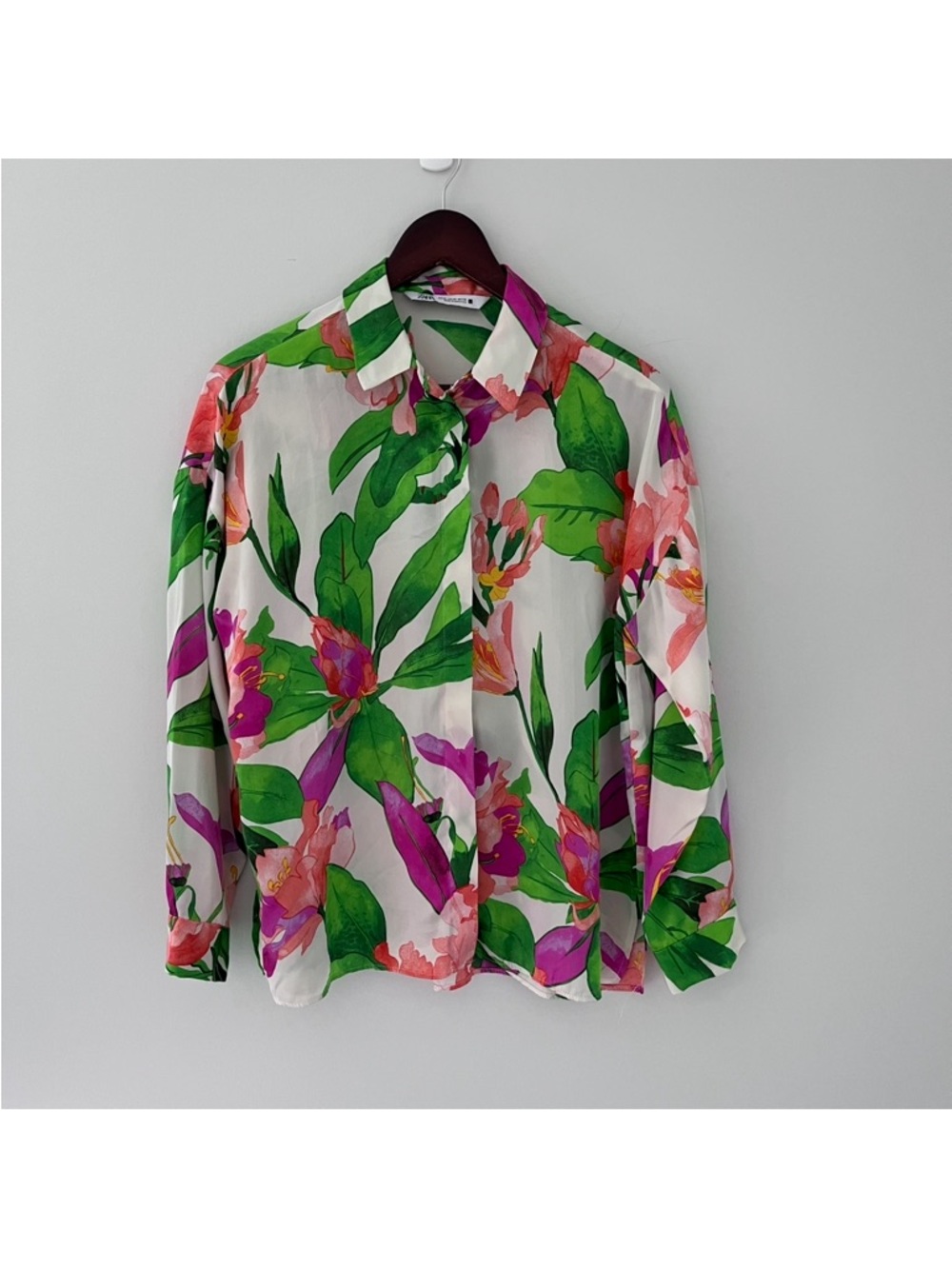 Zara Tropical Floral Button Down Blouse XS Pink Green Resort Shirt - Picture 3 of 8